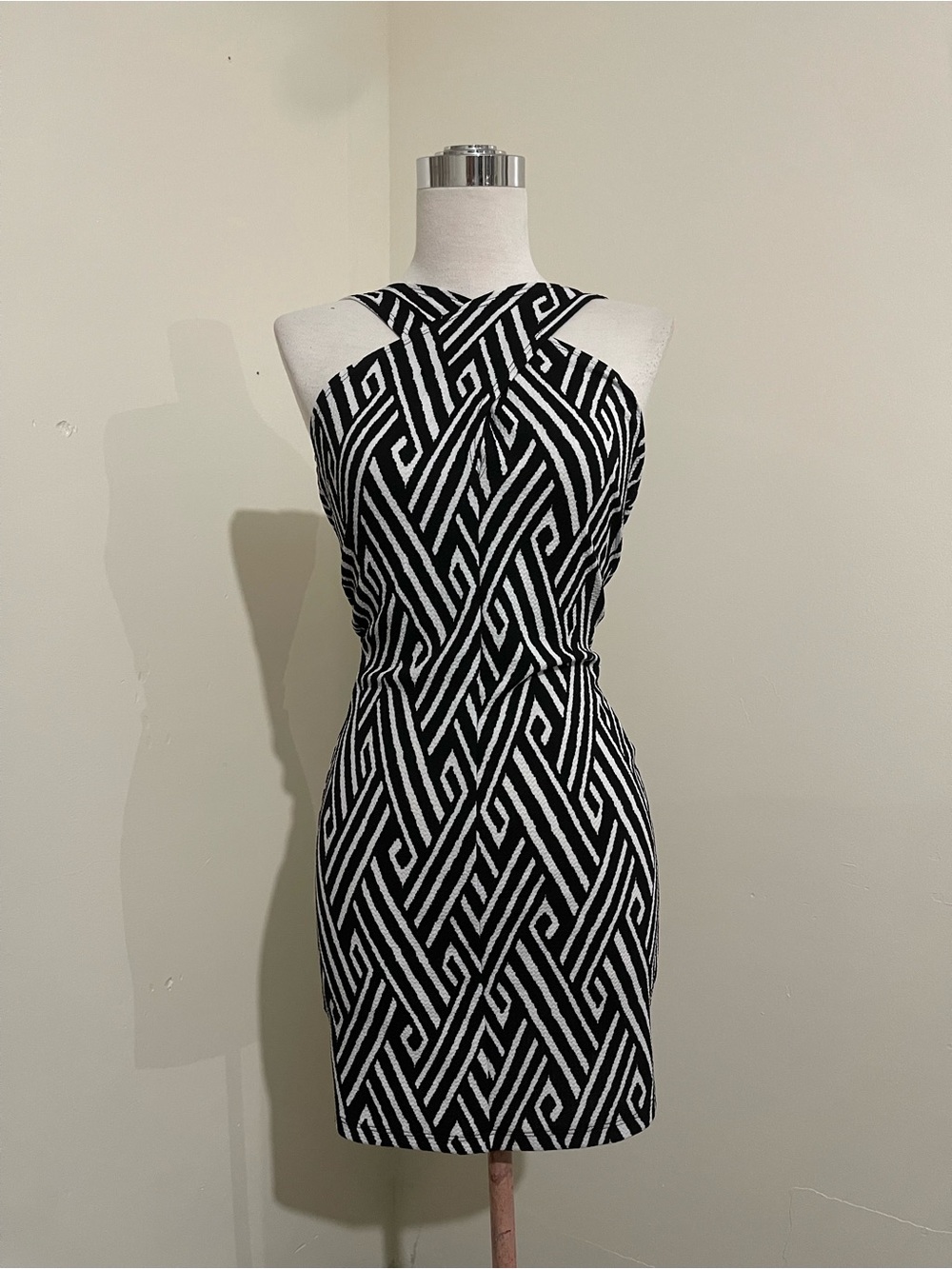 Black & White Geometric Halter Mini Dress